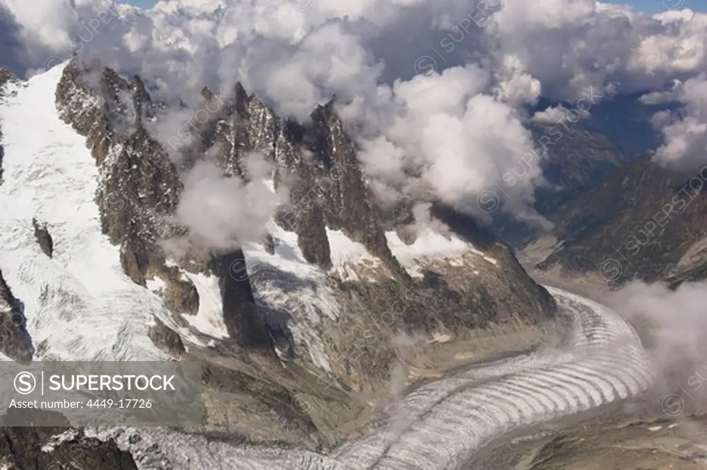 View from mount Dent du Geant to Glacier de Leschaux, Mont Blanc, France, Italy