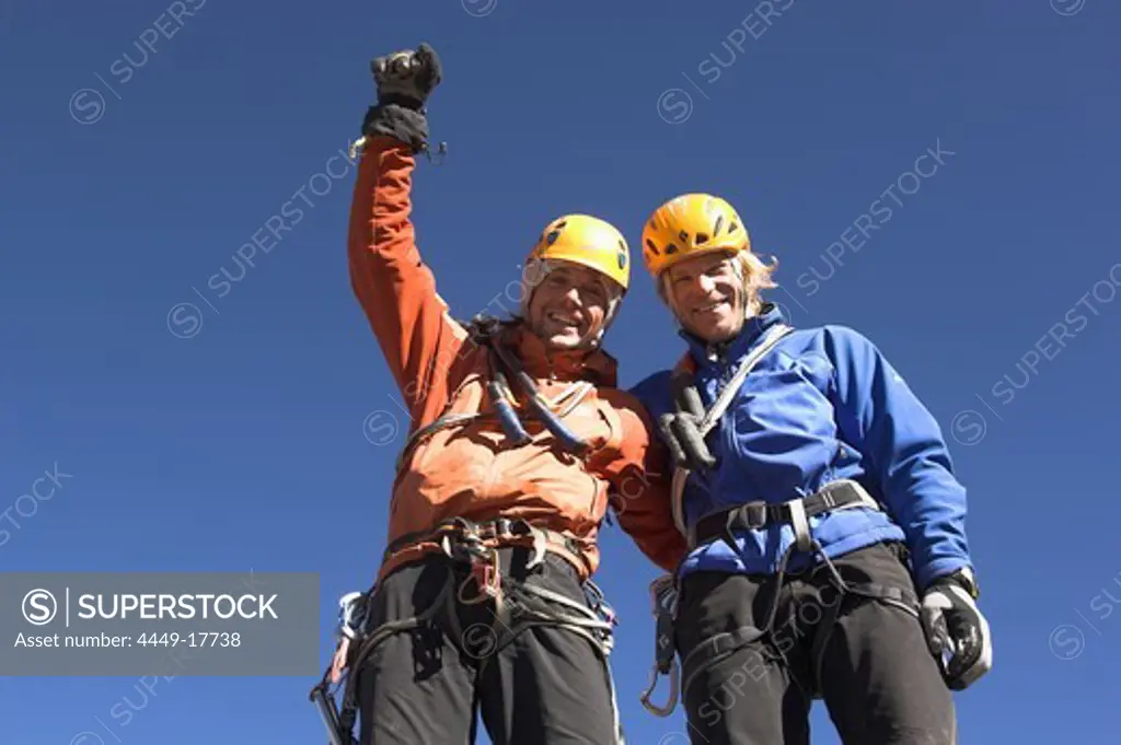 Two men having completed the route Senda Real, Cerro Marmolejo, 6085 m, Ice Climbing, Chile