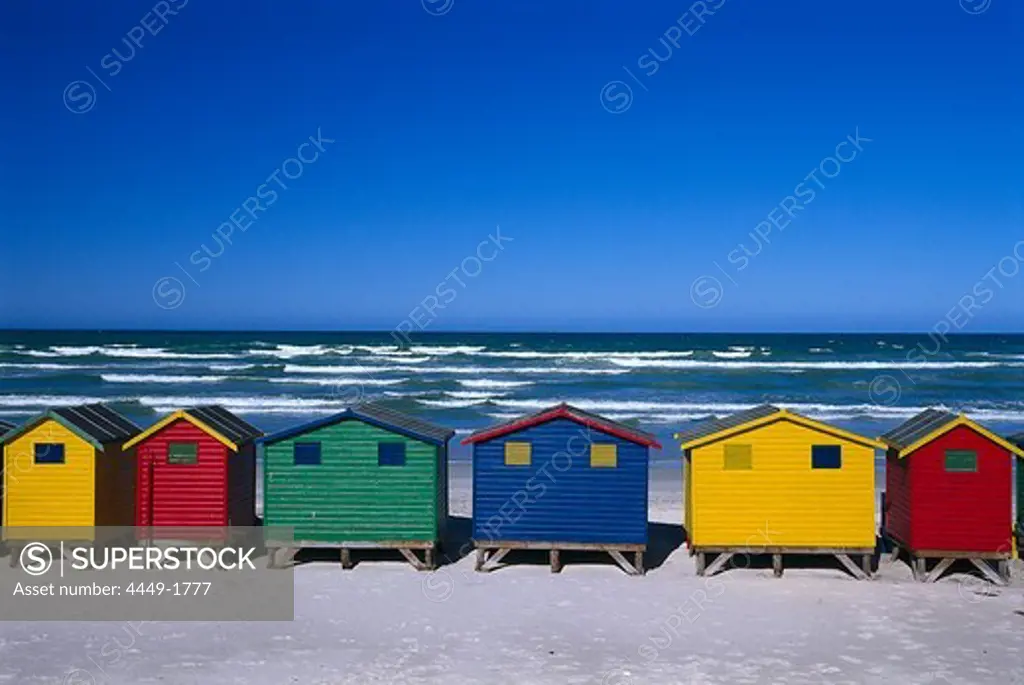 Colourful wooden beach huts along the beach, Muizenberg, South Africa
