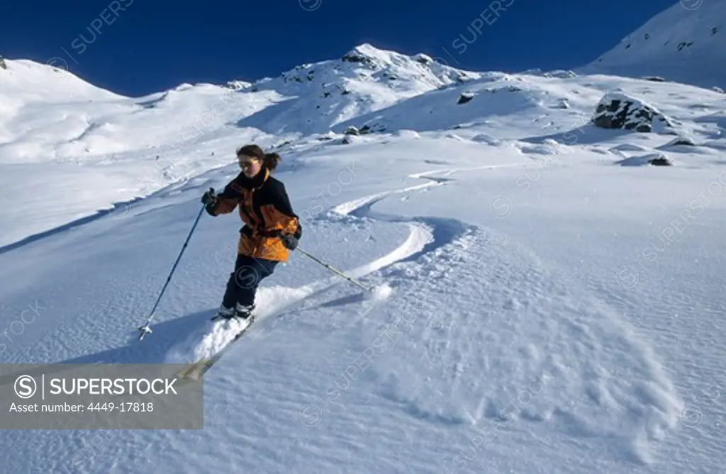 Backcountry skiing in powder, Hochfuegen, Range of Zillertaler Alpen, Tyrol, Austria