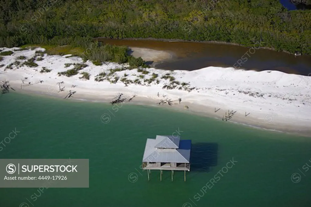 Abandoned house on stilts on the shore of Ten Thousand Islands National Park, Florida, USA