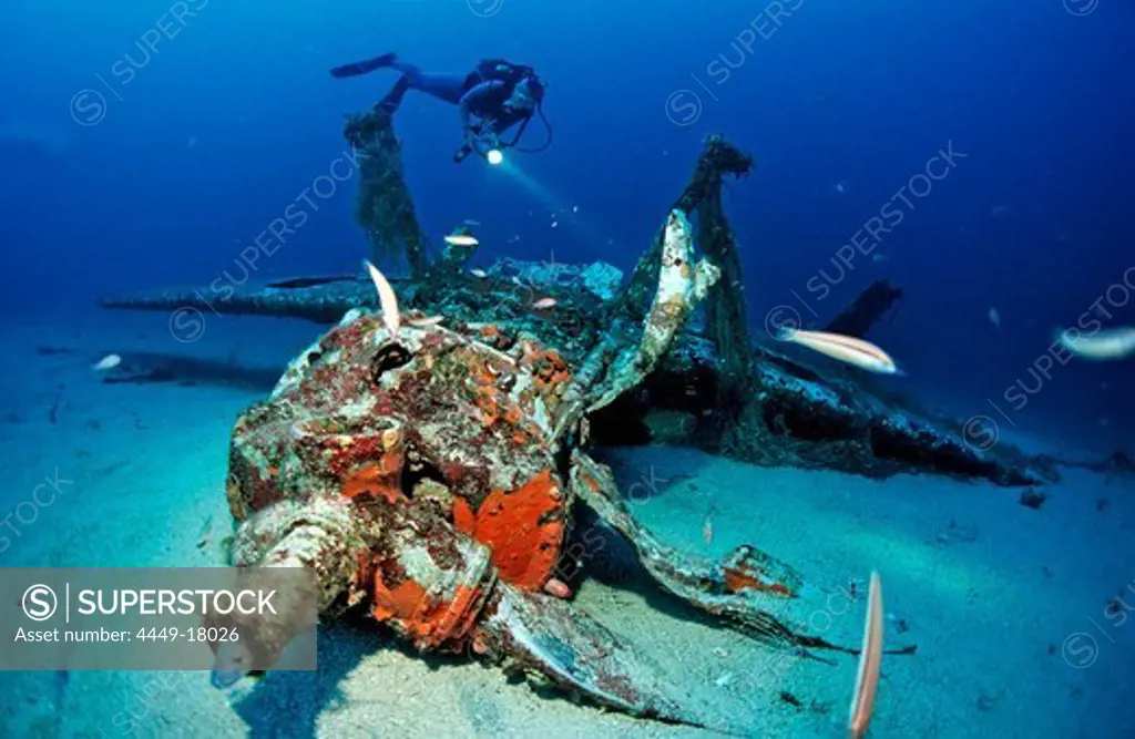 Messerschmidt 109 and scuba diver, Mediterranean Sea, Ile de Planier, Marseille, France