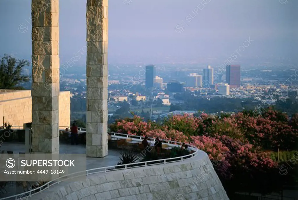 Getty Center with Los Angeles Downtown at sun set, L.A., California, USA