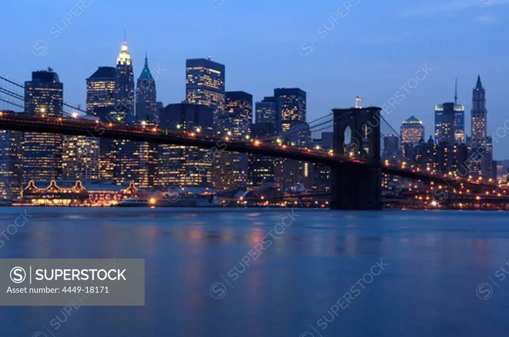 View of Manhattan Skyline and Brooklyn Bridge, Manhattan, New York City, New York, USA