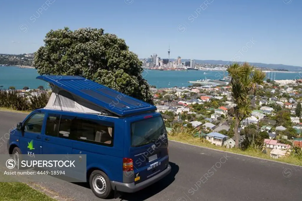 KEA 2+2 FT Campervan and Auckland Skyline, View from Mt. Victoria, Devonport, Auckland, North Island, New Zealand