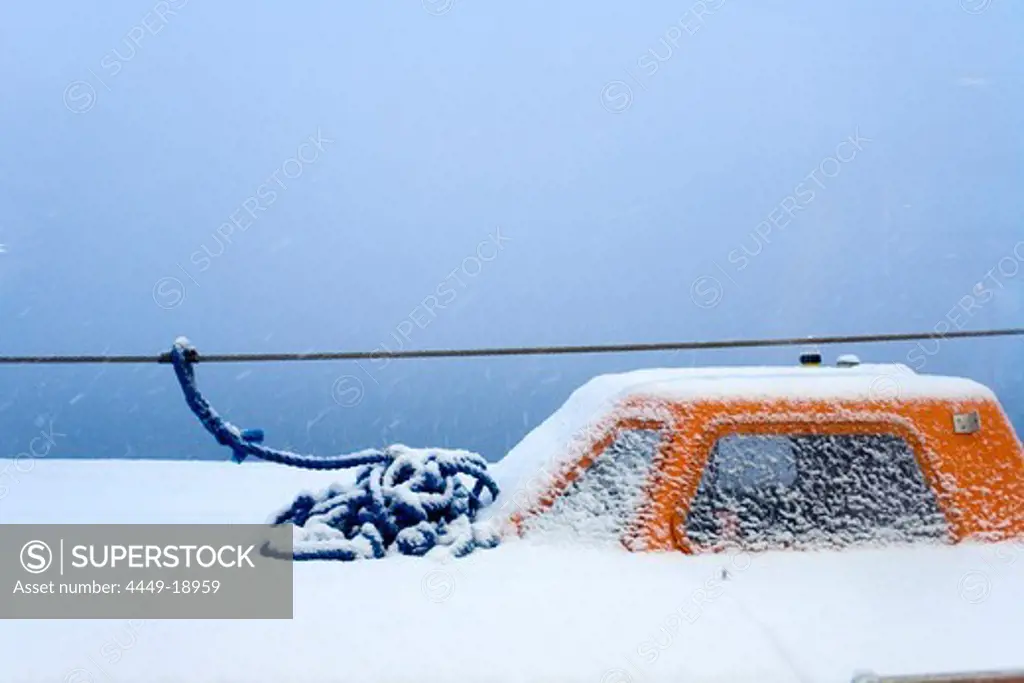Lifeboat with snow, Hurtigrute, North Norway, Norway