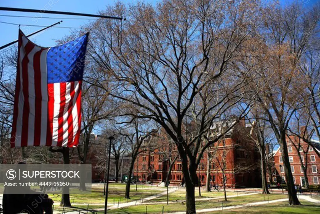 Flag hanging outside Harvard University, Cambridge, Massachusetts, USA