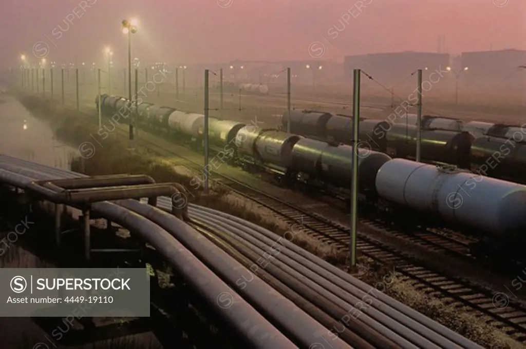 Pipelines and tank wagons, refinery, Fos-sur-Mer, near Marseille, Bouches-du-Rhone, Provence, France