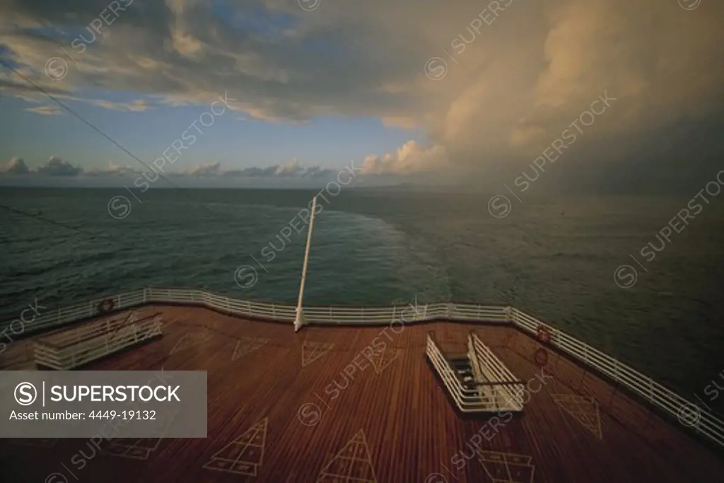 Stern of the Cruiseship Royal Caribbean under dark clouds, Caribbean