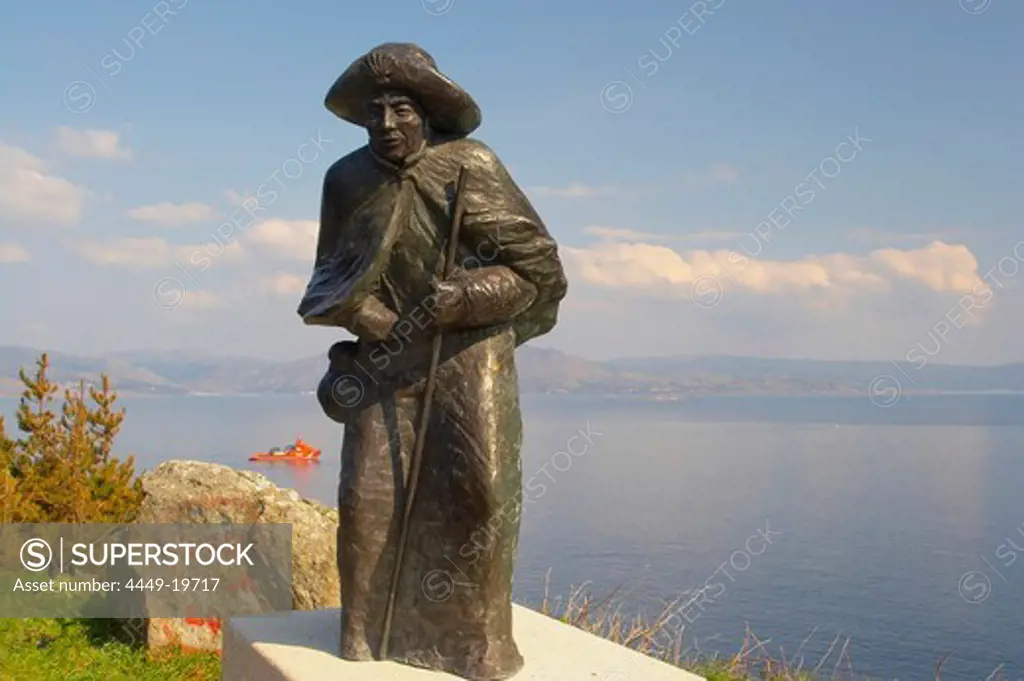 Coastal landscape with sculpture of St. James, near Cabo Finisterre, Costa da Morte, Galicia, Spain