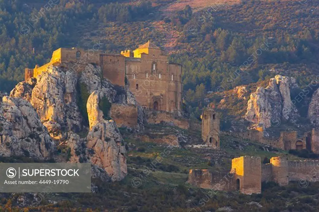 Castle, Castillo de Loarre, in tranquil landscape at sunset, Aragon, Spain, Europe