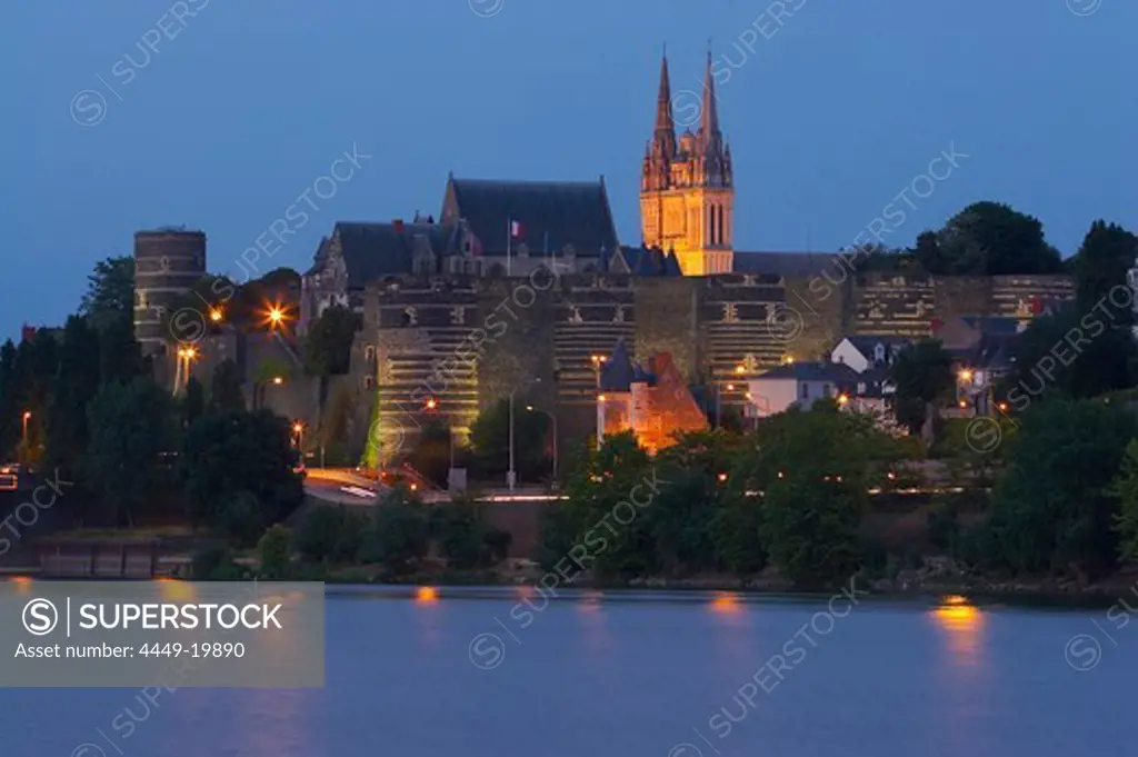 Angers Castle in the early evening and river, La Maine, Angers, Department Maine et Loire, France, Europe