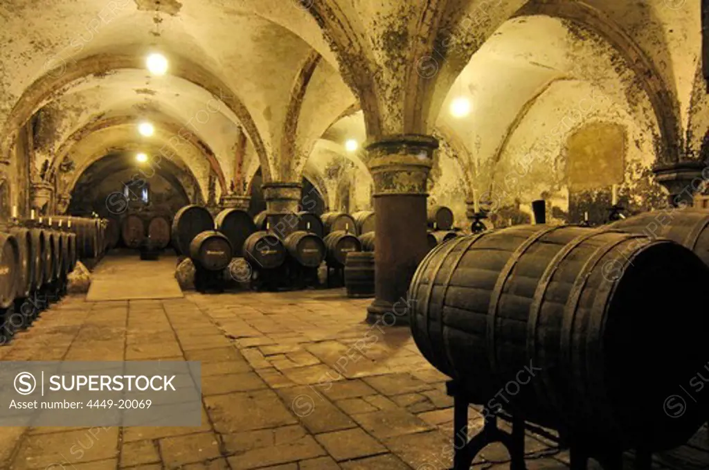 Inside the wine cellar at Cloister Eberbach, Rheingau, Hesse, Germany