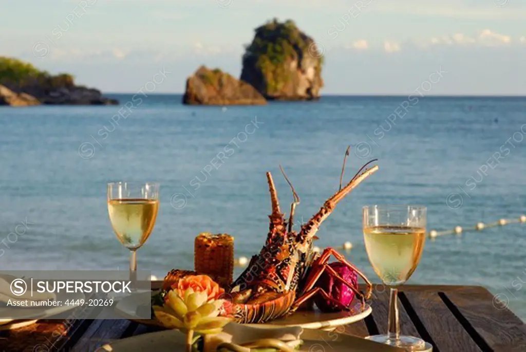 Spiny Lobster dish at Beach Restaurant The Grotto with sea view, Hotel Rayavadee, Hat Phra Nang, Krabi, Thailand