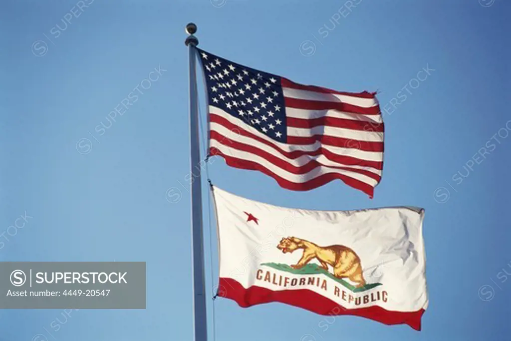 Bear Flag, Flag of California and the US Flag, Stars and Stripes, The Plaza, Sonoma Valley, California, USA
