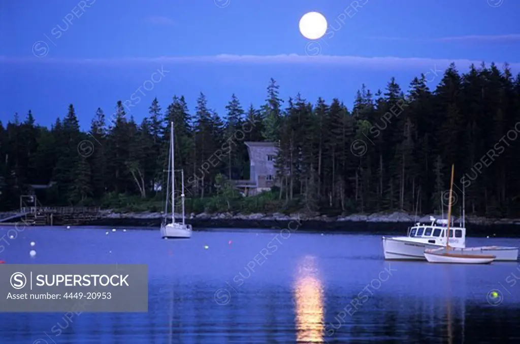 Full moon over Port Clyde, Maine, USA