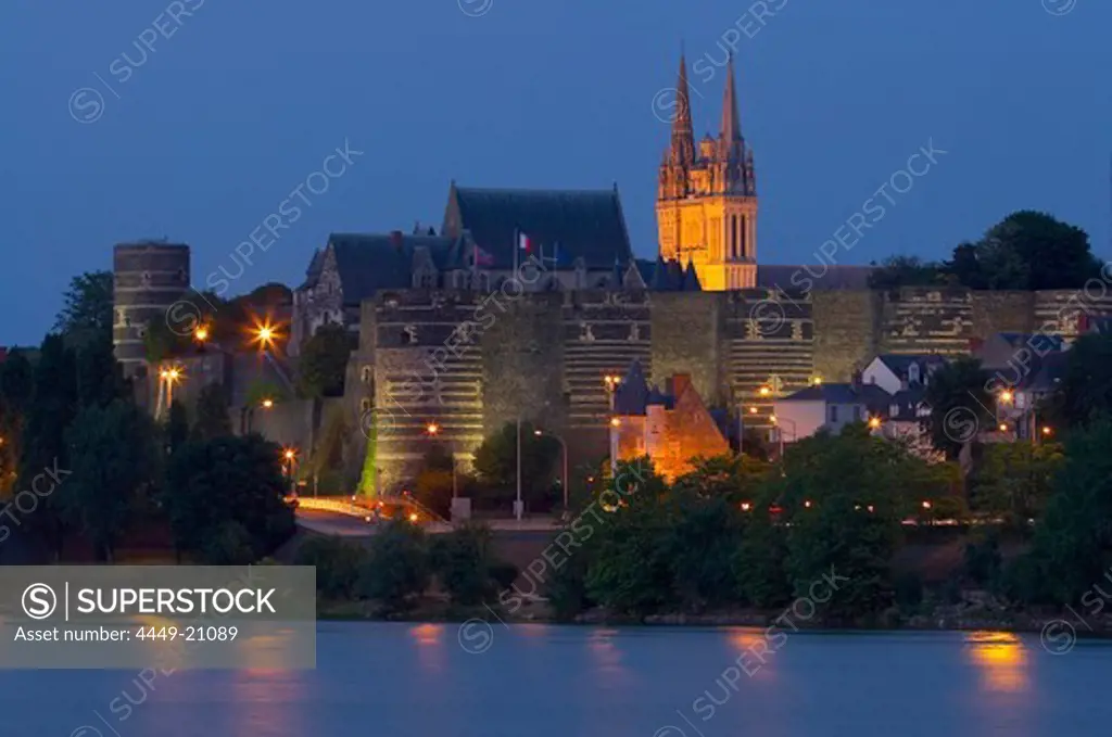 Evening in Angers; view at the castle, cathédrale St Maurice and the river La Maine, dept Maine-et-Loire, France, Europe