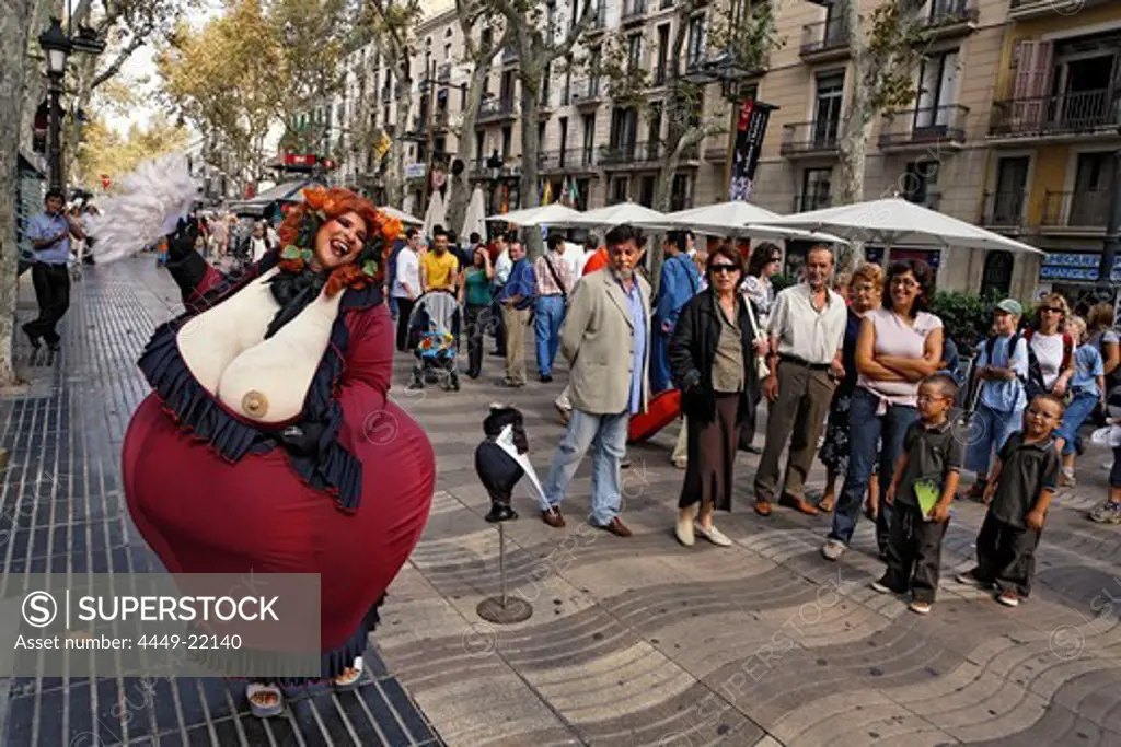 Spain, Barcelona, Las Ramblas, Boulevard, street artist, fat women joking