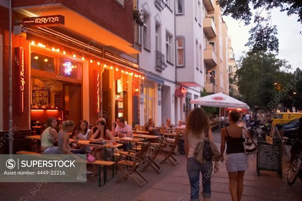 Berlin Friedrichshain, Simon Dach street, street cafes restaurants bars, young people