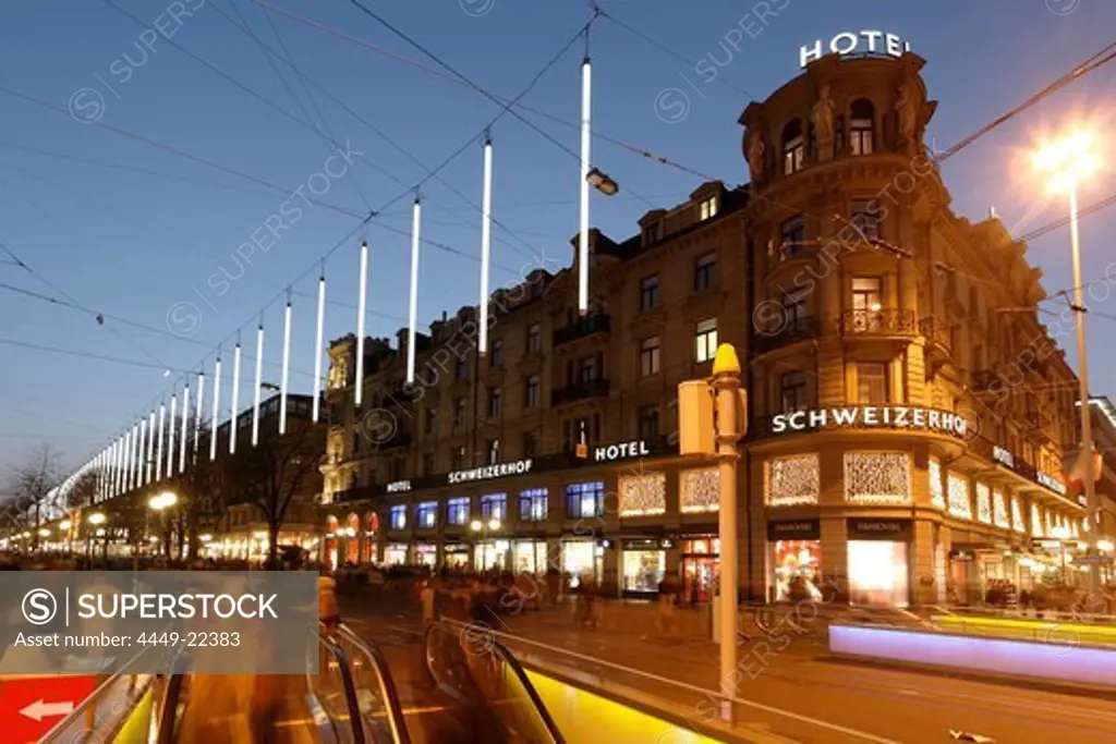 Switzerland, Zurich, Bahnhofstrasse at twilight . Chistmas illumination, Hotel Schweizer Hof