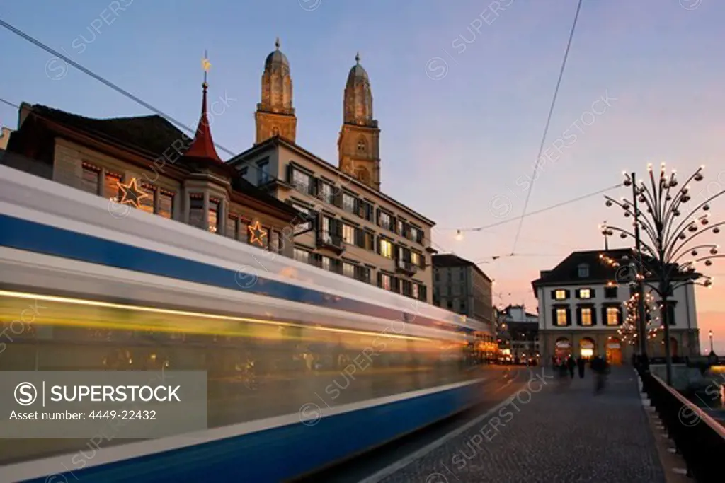 Switzerland, Zurich, Limmatquai tram Grossmunster christmas illumination