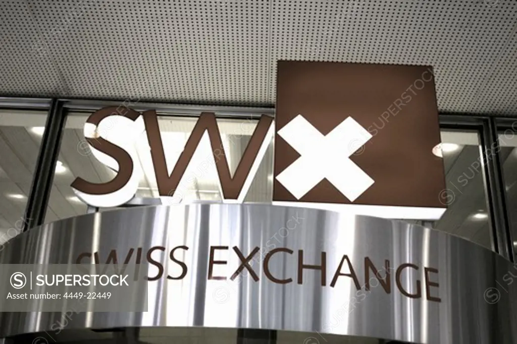 Switzerland, Zurich, stock exchange, swiss Exchange sign, entrance Schweiz, Zuerich, Boerse, Eingang, SWX