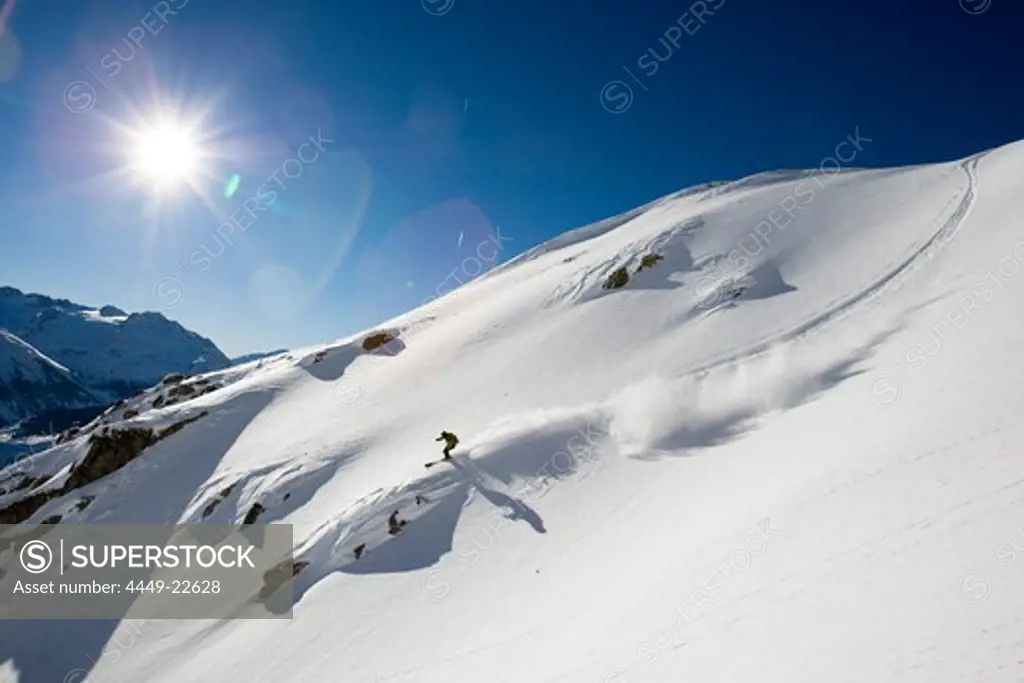 Skier freeriding, Disentis, Grisons, Switzerland