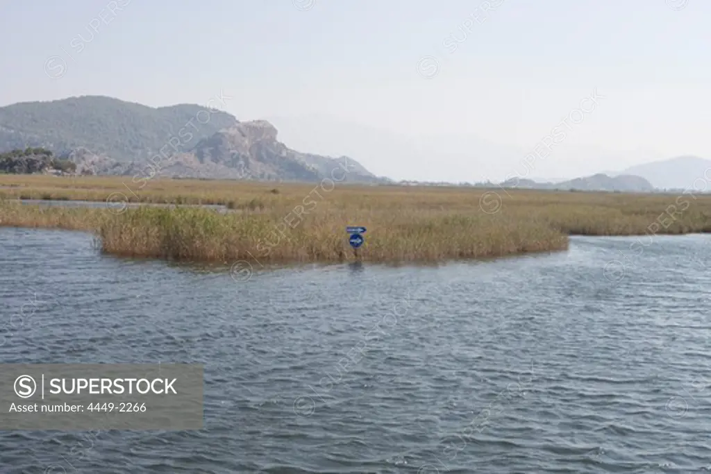 Seign post by reeds, Dalyan River, Antalya, Turkish Riviera, Turkey