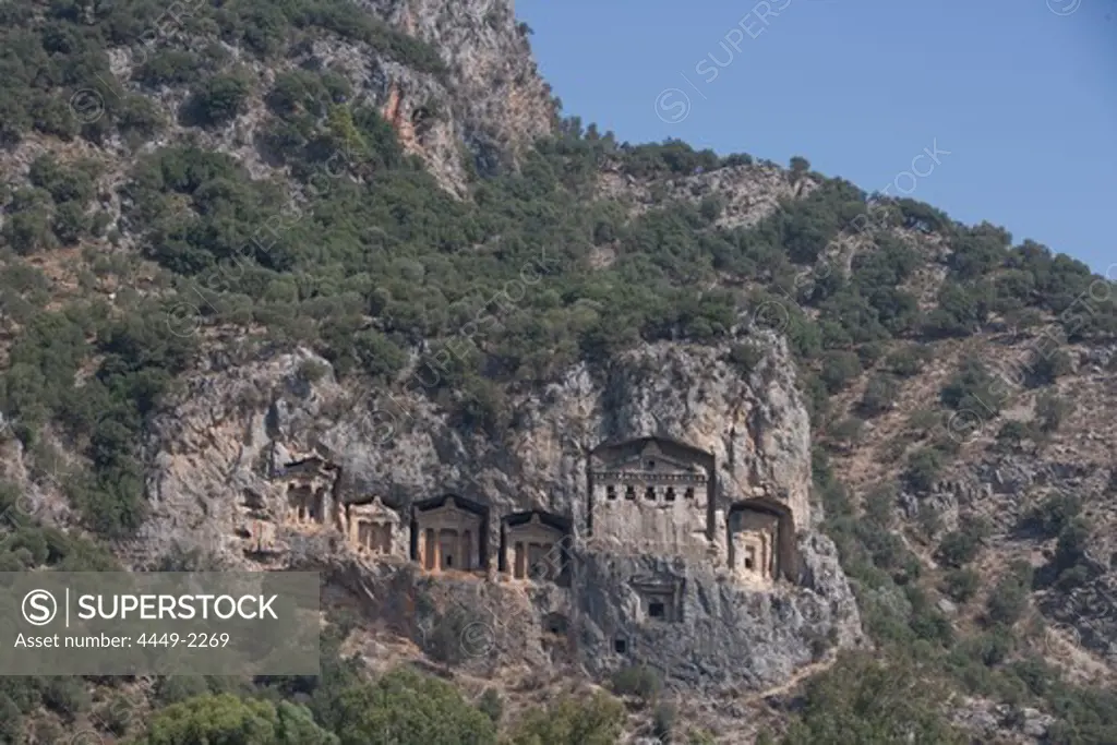 Lycian rock cut tombs of Dalyan, Cliff Tombs, Dalyan River, Antalya, Turkish Riviera, Turkey