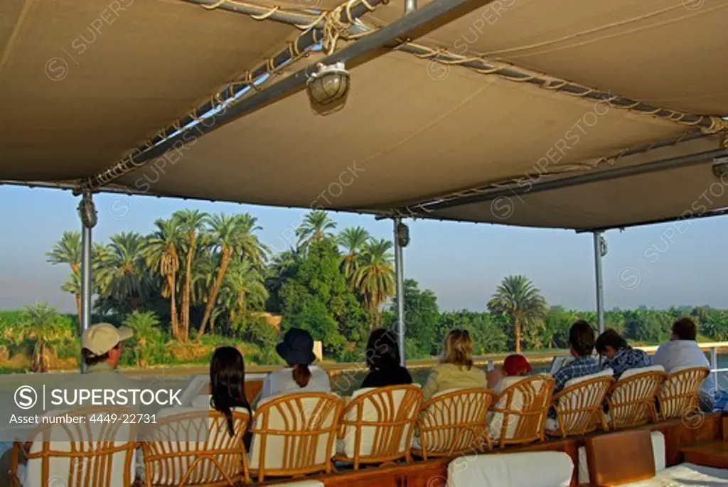 cruise on the Nile, view from upper deck to palm trees at western bank, Nile between Luxor and Dendera, Egypt, Africa