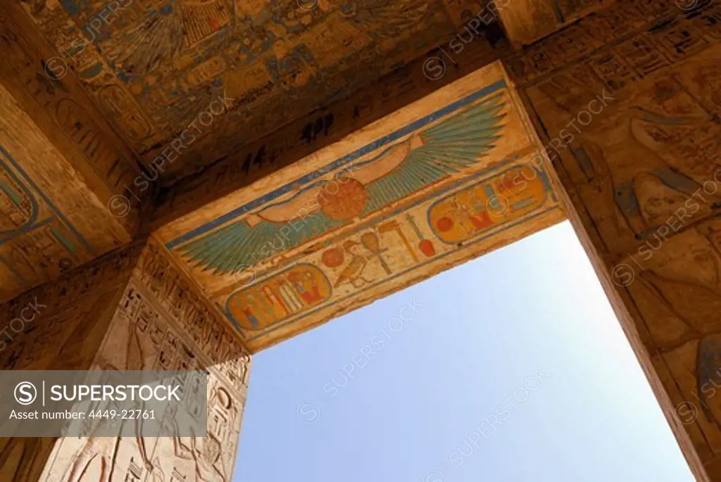 Painted reliefs at doorway, Ramesseum at western bank, Thebes, Egypt, Africa