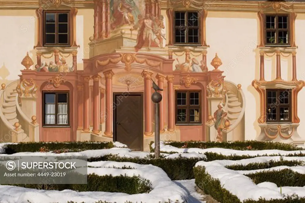 Fresco (Lueftlmalerei) at a house facade of the Pilatushaus, Oberammergau, Upper Bavaria, Germany