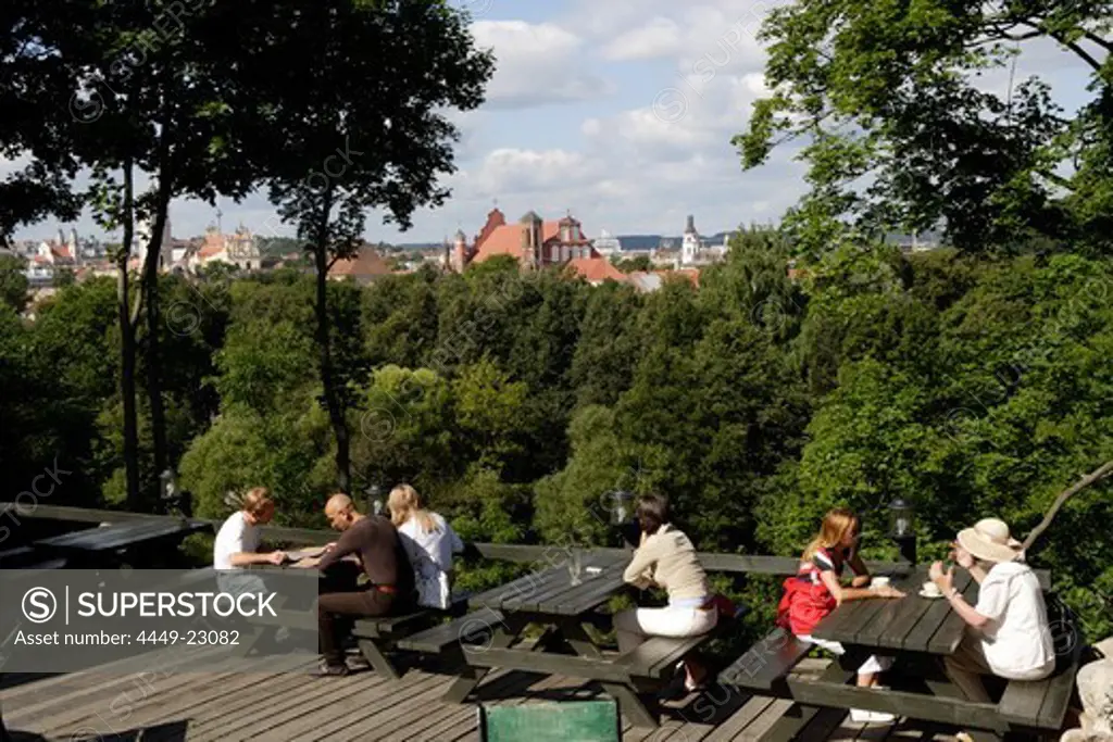 The Torres restaurant in Uzupis street offers a view over the old town of Vilnius, Lithuania, Vilnius