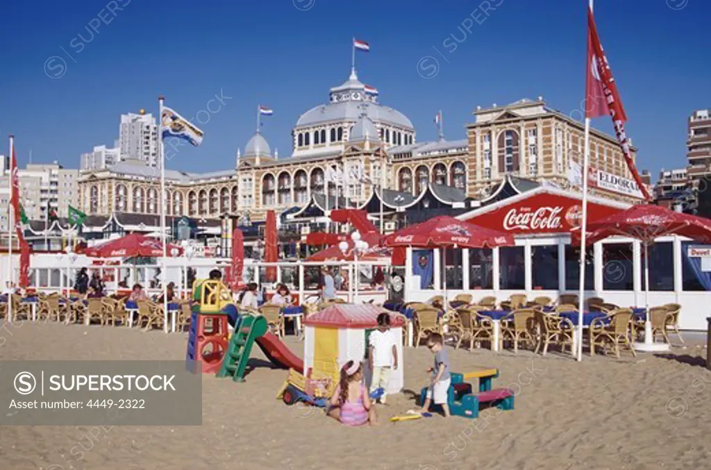 Kurhaus, beach cafe and beach promenade, Scheveningen, The Hague, Netherlands
