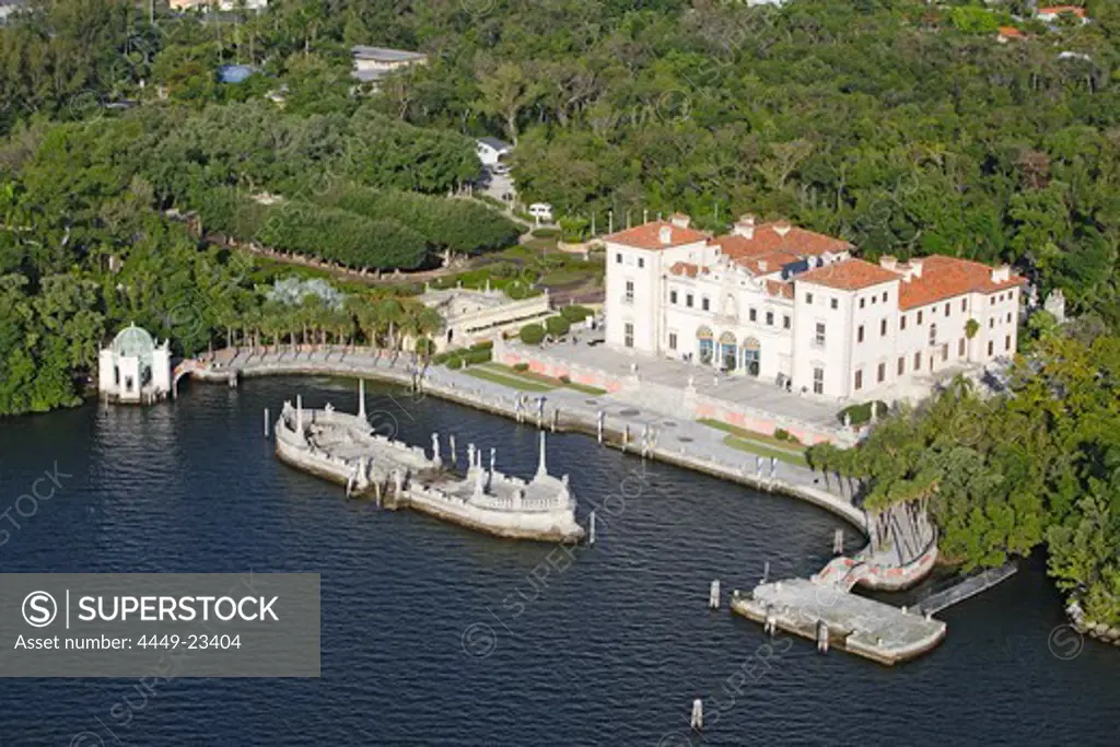 Aerial view of the Vizcaya palace on the waterfront, Florida, USA