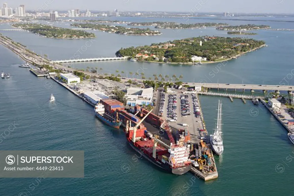 Aerial view of ships at the pier of Lummus Island and Star Island behind, Miami, Florida, USA