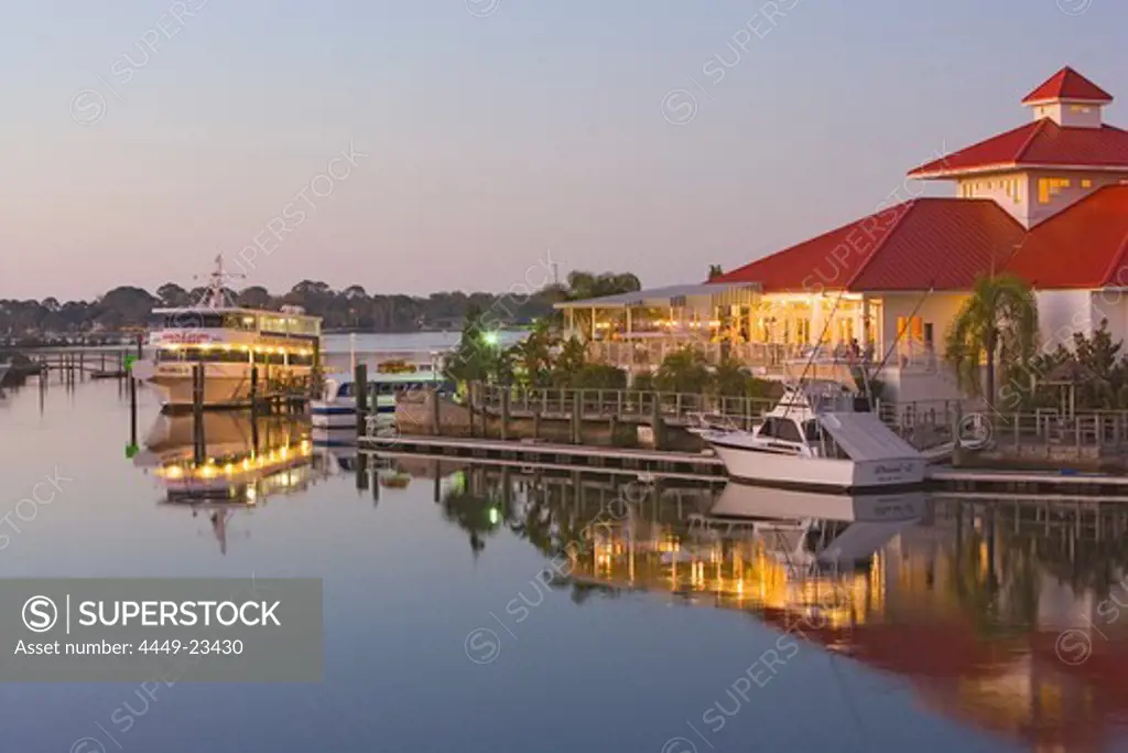 The Catches Waterfront Grille restaurant on the waterfront in the light of the evening sun, Tampa Bay, Port Richey, Florida, USA