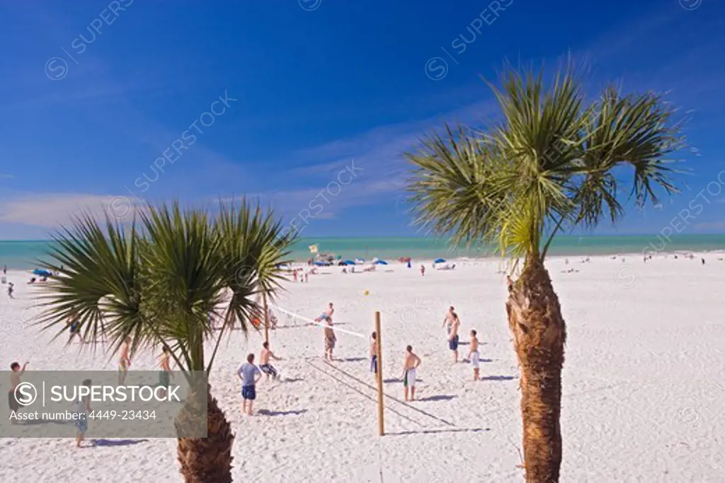 People playing beach volleyball under blue sky, Clearwater Beach, Tampa Bay, Florida, USA