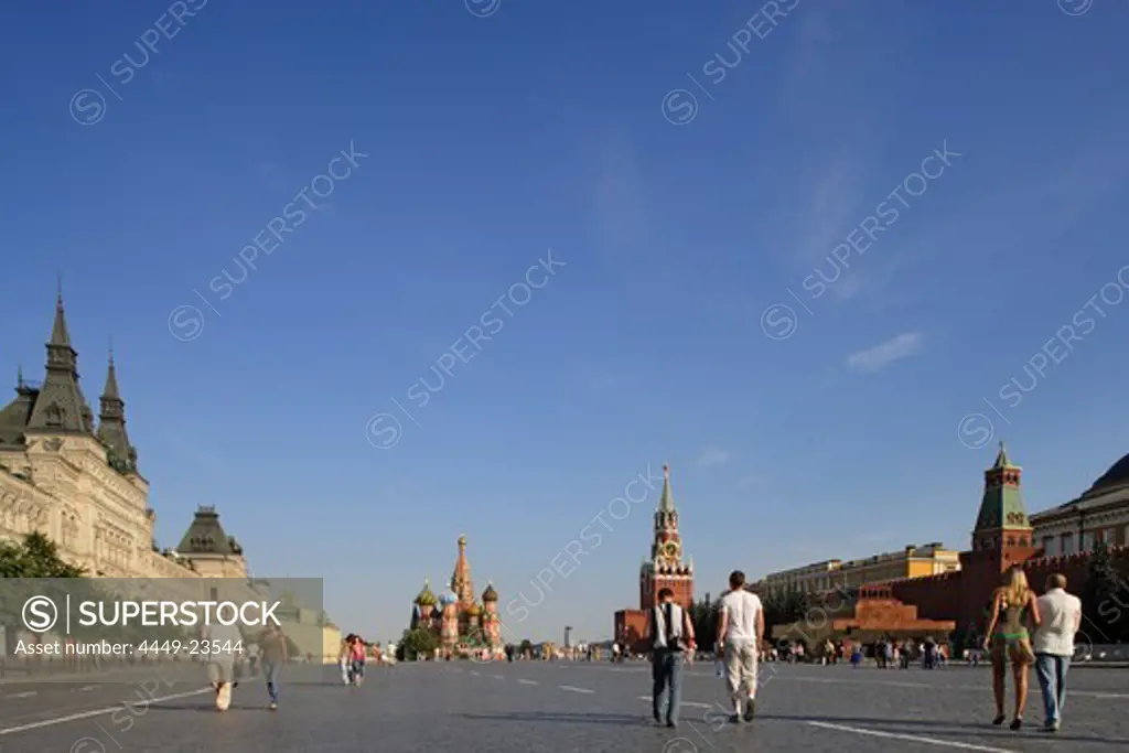 Red Square with GUM, Saint Basil's Cathedral, Saviour tower, Spasskaya, and the Lenin mausoleum, Moscow, Russia