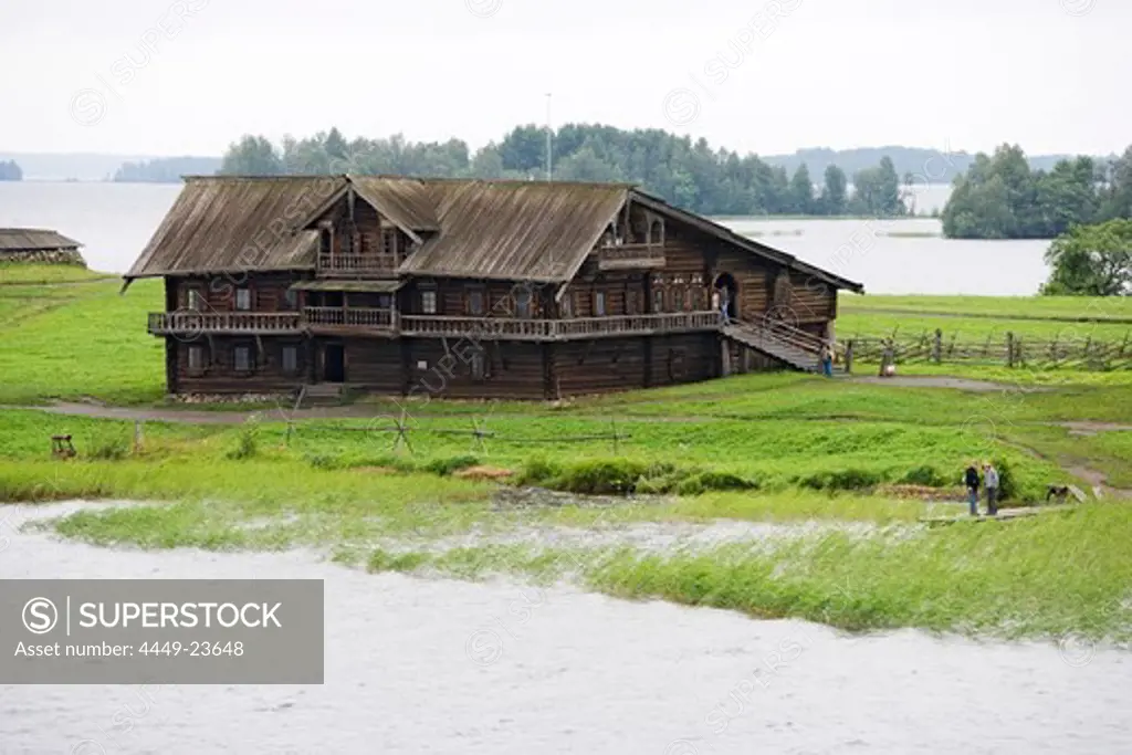 Wooden house on Kizhi island on lake Onega, the second biggest lake in Europe, Karelia, Russia