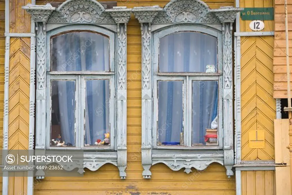 Wooden facade of a residential building in Uglich, Yaroslavl Oblast, Russia