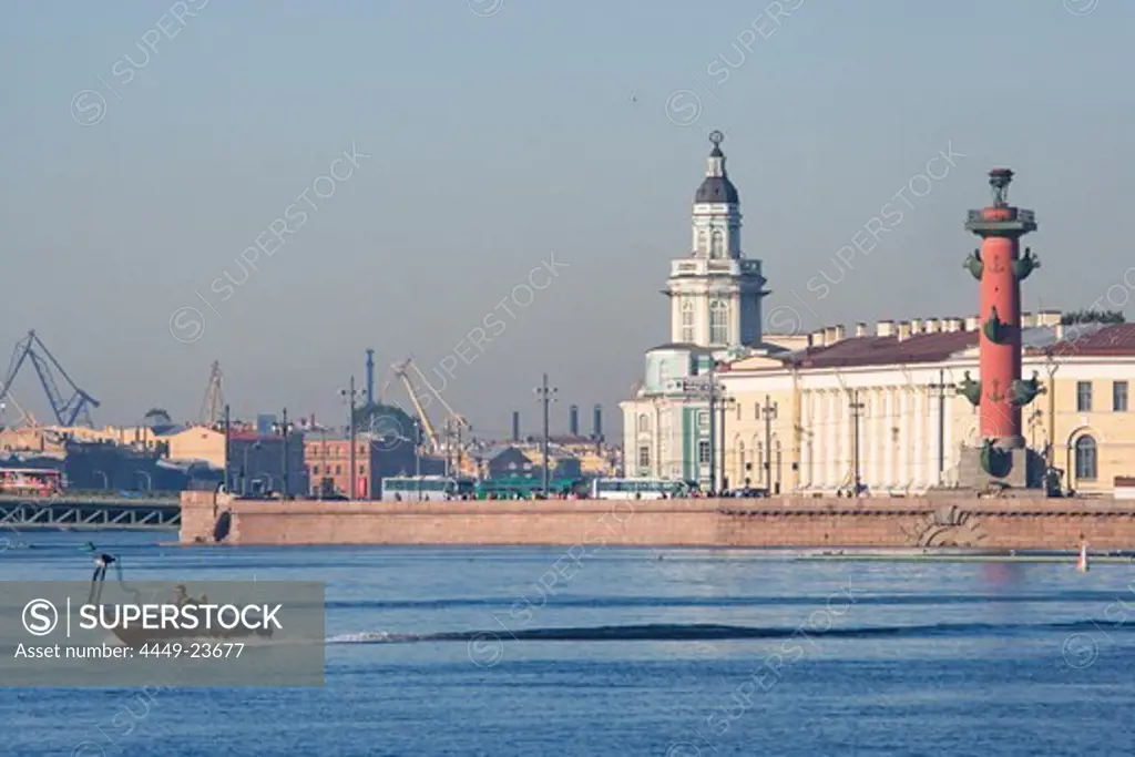 River Neva and Vassiljevski island. The tower in the middle marks the art chamber, the red column is one of the two Rostra columns, Saint Petersburg, Russia.