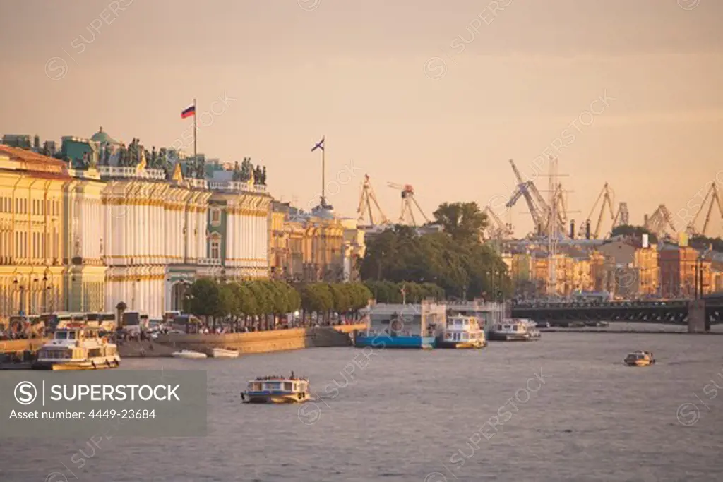 River Neva with the Winter palace and cranes in the harbour, Saint Petersburg, Russia