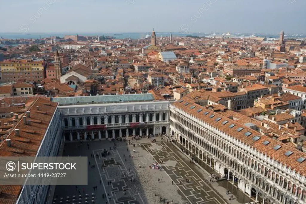 Piazza San Marco and Venice rooftops seen from Campanile Tower, Venice, Veneto, Italy