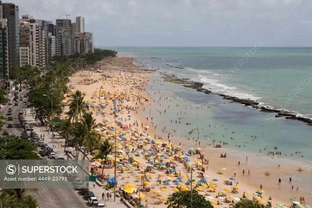 View of the crowded beach from Recife Palace Hotel, Recife, Pernambuco, Brazil, South America