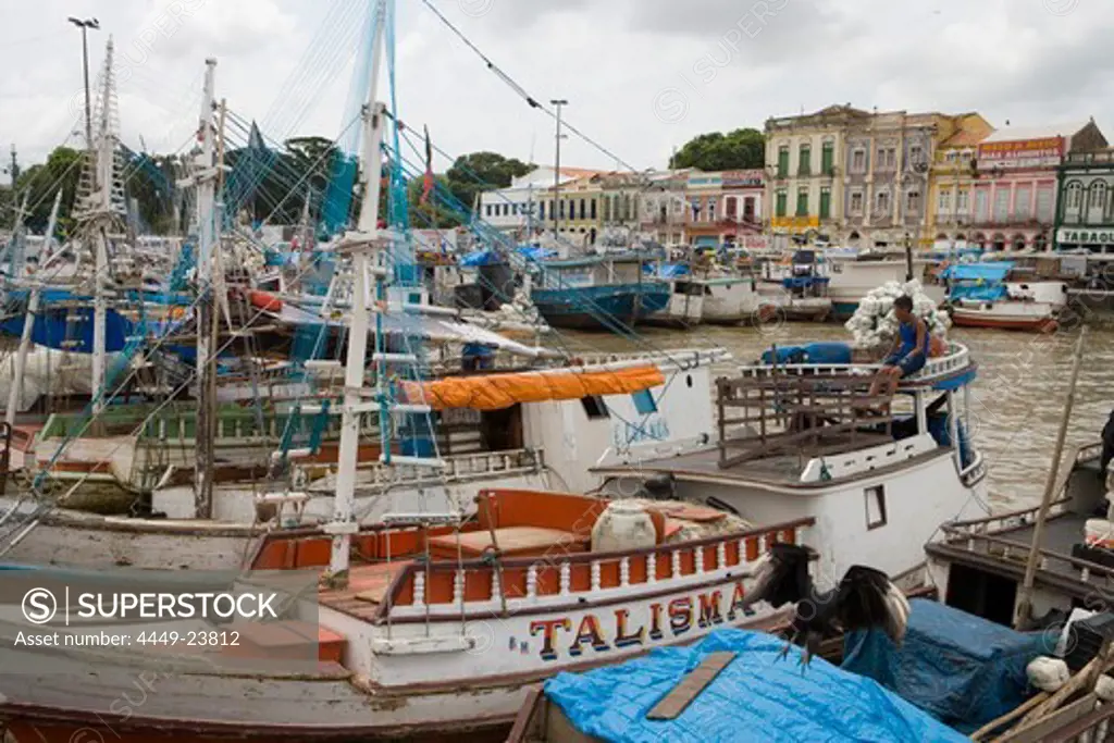 Fishing Boats in the harbour outside Mercado Ver O Peso Market, Belem, Para, Brazil, South America