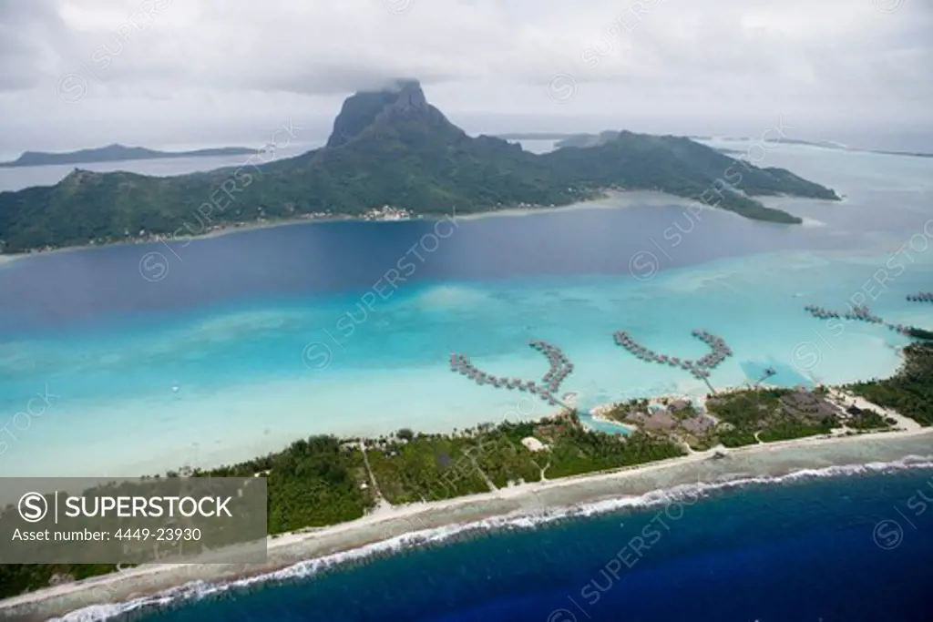 Aerial Photo of InterContinental Resort and Thalasso Spa Bora Bora Overwater Bungalows with Mount Otemanu, Bora Bora, Society Islands, French Polynesia