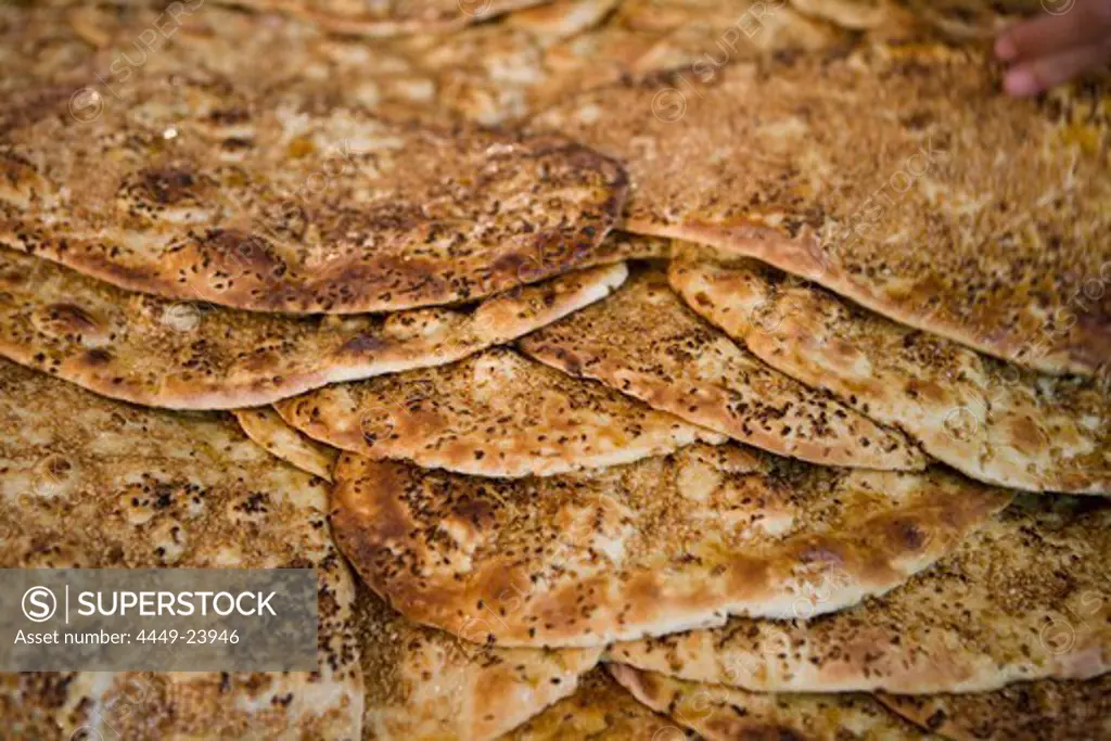 Close up of special Ramadan bread for sale at an Aleppo Souq, Aleppo, Syria, Asia
