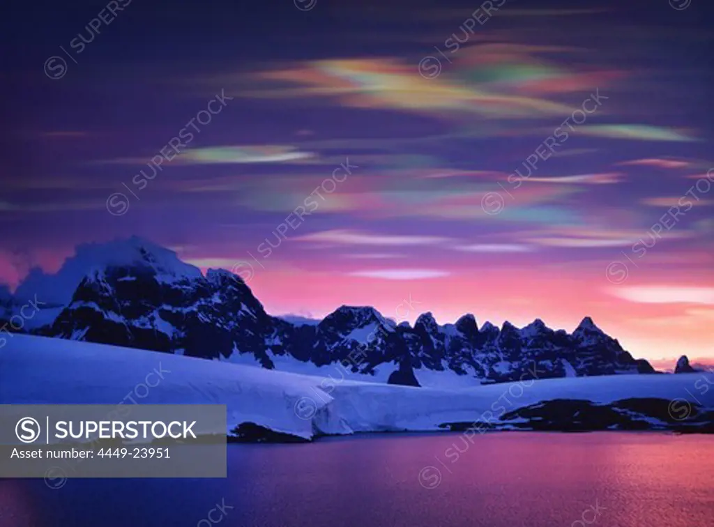 Pearl clouds, nacreous clouds, Polar Stratospheric Clouds, These clouds indicate global warming, Antarctic Peninsula, Antarctica
