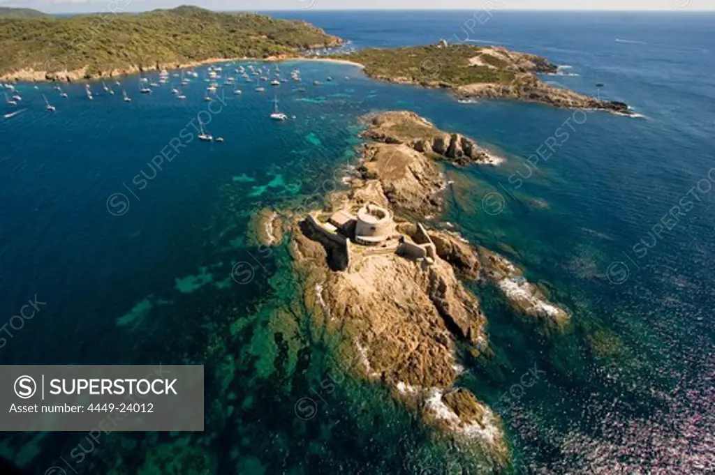 Aerial view of Fort La Courtade in the sunlight, Porquerolles, Iles d'Hyeres, France, Europe